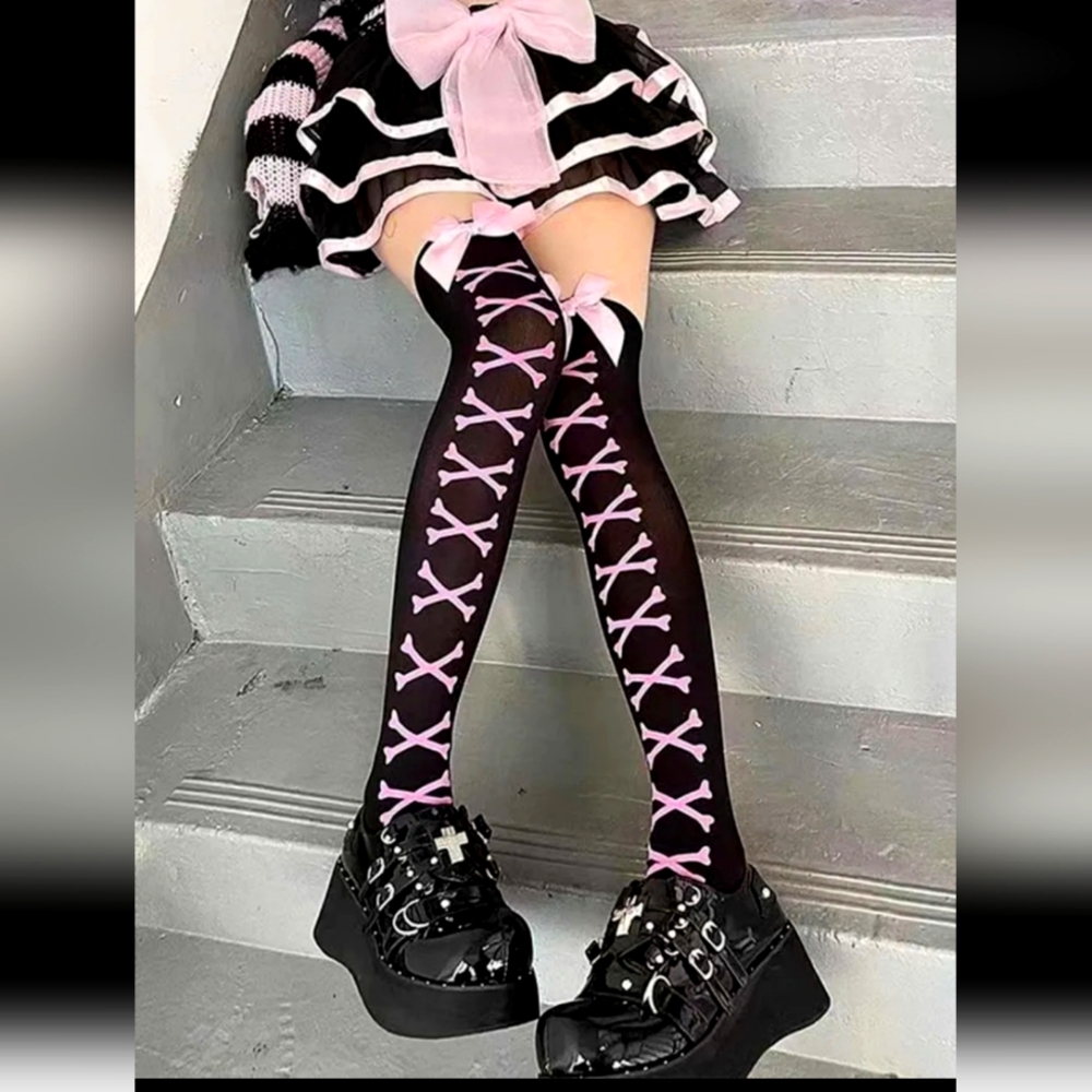 Bones & Bows Knee High Tights Stockings - Picture 4 of 16